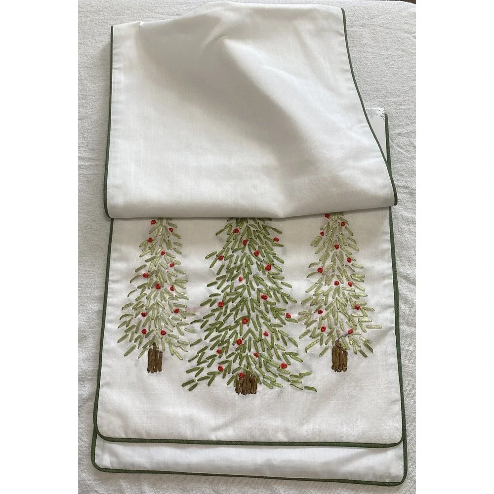Holiday Tree‎ Sketch Table Runner 14x72 Embroidered Christmas Red Green White